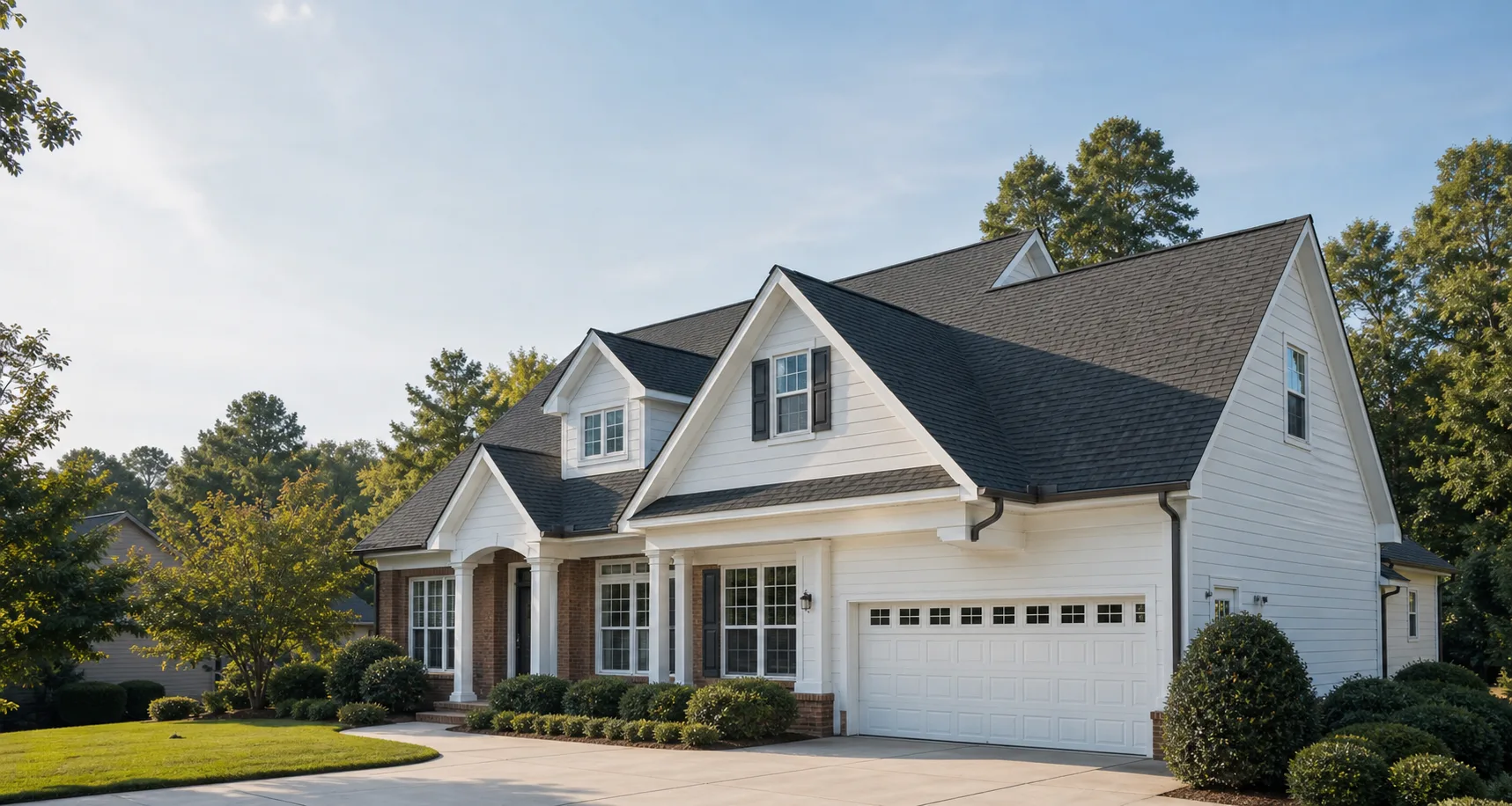 A restored suburban home exterior with a clean architectural shingle roof